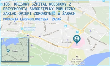 PORADNIA LARYNGOLOGICZNA - 105. KRESOWY SZPITAL WOJSKOWY Z PRZYCHODNIĄ SAMODZIELNY PUBLICZNY ZAKŁAD OPIEKI ZDROWOTNEJ W ŻARACH - UL. ŻELAZNA 1A,  ŻAGAŃ