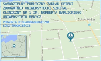 PORADNIA OTOLARYNGOLOGICZNA - SAMODZIELNY PUBLICZNY ZAKŁAD OPIEKI ZDROWOTNEJ UNIWERSYTECKI SZPITAL KLINICZNY NR 1 IM. NORBERTA BARLICKIEGO UNIWERSYTETU MEDYCZ - UL. PREZYDENTA GABRIELA NARUTOWICZA 96,  ŁÓDŹ-ŚRÓDMIEŚCIE