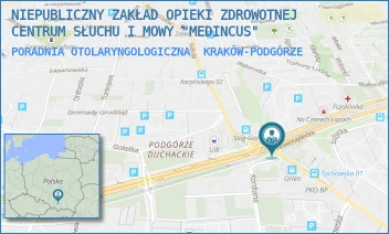 PORADNIA OTOLARYNGOLOGICZNA - NIEPUBLICZNY ZAKŁAD OPIEKI ZDROWOTNEJ CENTRUM SŁUCHU I MOWY "MEDINCUS" - UL. ŁUŻYCKA 42/44,  KRAKÓW-PODGÓRZE