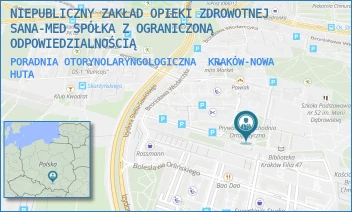 PORADNIA OTORYNOLARYNGOLOGICZNA - NIEPUBLICZNY ZAKŁAD OPIEKI ZDROWOTNEJ "SANA-MED" SPÓŁKA Z OGRANICZONĄ ODPOWIEDZIALNOŚCIĄ - OS. DYWIZJONU 303 2,  KRAKÓW-NOWA HUTA