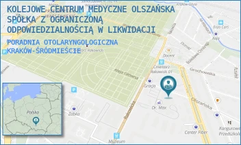 PORADNIA OTOLARYNGOLOGICZNA - KOLEJOWE CENTRUM MEDYCZNE OLSZAŃSKA SPÓŁKA Z OGRANICZONĄ ODPOWIEDZIALNOŚCIĄ W LIKWIDACJI - OLSZAŃSKA 5,  KRAKÓW-ŚRÓDMIEŚCIE