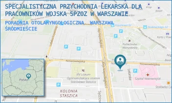 PORADNIA OTOLARYNGOLOGICZNA - SPECJALISTYCZNA PRZYCHODNIA LEKARSKA DLA PRACOWNIKÓW WOJSKA SPZOZ W WARSZAWIE - NOWOWIEJSKA 31,  WARSZAWA ŚRÓDMIEŚCIE