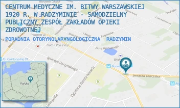 PORADNIA OTORYNOLARYNGOLOGICZNA - CENTRUM MEDYCZNE IM. BITWY WARSZAWSKIEJ 1920 R. W RADZYMINIE - SAMODZIELNY PUBLICZNY ZESPÓŁ ZAKŁADÓW OPIEKI ZDROWOTNEJ - KONSTYTUCJI 3 MAJA 17,  RADZYMIN
