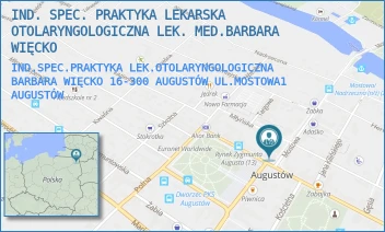 IND.SPEC.PRAKTYKA LEK.OTOLARYNGOLOGICZNA BARBARA WIĘCKO 16-300 AUGUSTÓW UL.MOSTOWA1 - IND. SPEC. PRAKTYKA LEKARSKA OTOLARYNGOLOGICZNA LEK. MED.BARBARA WIĘCKO - MOSTOWA 1,  AUGUSTÓW