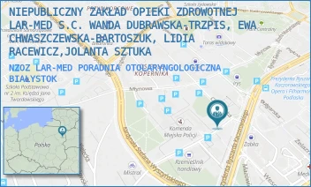 NZOZ LAR-MED PORADNIA OTOLARYNGOLOGICZNA - NIEPUBLICZNY ZAKŁAD OPIEKI ZDROWOTNEJ LAR-MED S.C. WANDA DUBRAWSKA-TRZPIS, EWA CHWASZCZEWSKA-BARTOSZUK, LIDIA RACEWICZ,JOLANTA SZTUKA - BEMA 2/227,  BIAŁYSTOK