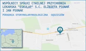 PORADNIA OTORYNOLARYNGOLOGICZNA - WSPÓLNICY SPÓŁKI CYWILNEJ PRZYCHODNIA LEKARSKA "ESKULAP" S.C. ELŻBIETA PSONAK I JAN PSONAK - PRZEMYSŁOWA 9 B, SĘDZISZÓW