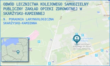 9. PORADNIA LARYNGOLOGICZNA - OBWÓD LECZNICTWA KOLEJOWEGO SAMODZIELNY PUBLICZNY ZAKŁAD OPIEKI ZDROWOTNEJ W SKARŻYSKU-KAMIENNEJ - SOKOLA 50,  SKARŻYSKO-KAMIENNA