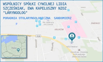PORADNIA OTOLARYNGOLOGICZNA - WSPÓLNICY SPÓŁKI CYWILNEJ LIDIA SZCZEŚNIAK, EWA KAPELUSZNY NZOZ "LARYNGOLOG" - DOBKIEWICZA 18,  SANDOMIERZ