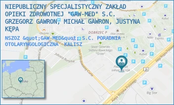NSZOZ "GAW-MED" S.C. PORADNIA OTOLARYNGOLOGICZNA - NIEPUBLICZNY SPECJALISTYCZNY ZAKŁAD OPIEKI ZDROWOTNEJ "GAW-MED" S.C. GRZEGORZ GAWRON, MICHAŁ GAWRON, JUSTYNA GAWRON - GUSTAWA ARNOLDA FIBIGERA 1A,  KALISZ