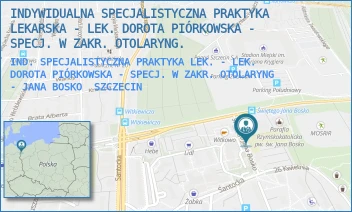 IND. SPECJALISTYCZNA PRAKTYKA LEK. - LEK. DOROTA PIÓRKOWSKA - SPECJ. W ZAKR. OTOLARYNG  - JANA BOSKO - INDYWIDUALNA SPECJALISTYCZNA PRAKTYKA LEKARSKA - LEK. DOROTA PIÓRKOWSKA - SPECJ. W ZAKR. OTOLARYNG. - ŚW. JANA BOSKO 1,  SZCZECIN